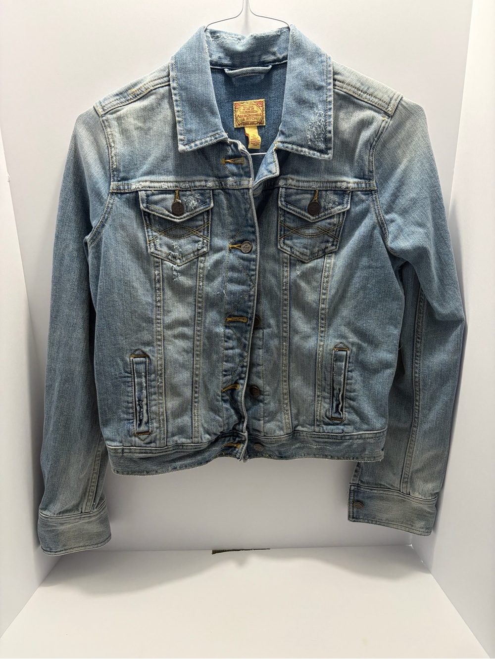 Abercrombie & Fitch Light Blue Denim Men's Jacket with Yellow Stitching Vintage